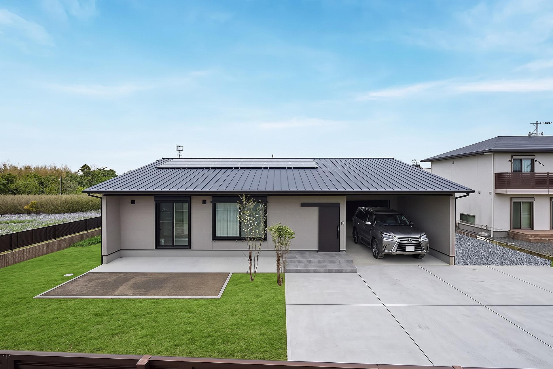 舗装された駐車場と芝生、車を加えた外構完成後の戸建て住宅
